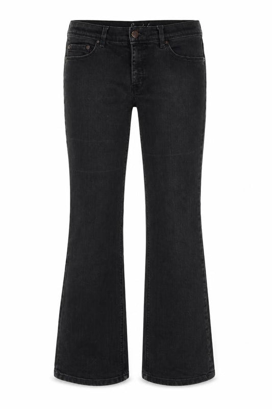 Front view of Oasis women’s grey cotton bootcut jeans, size UK 32, in, 30-inch leg regular zip