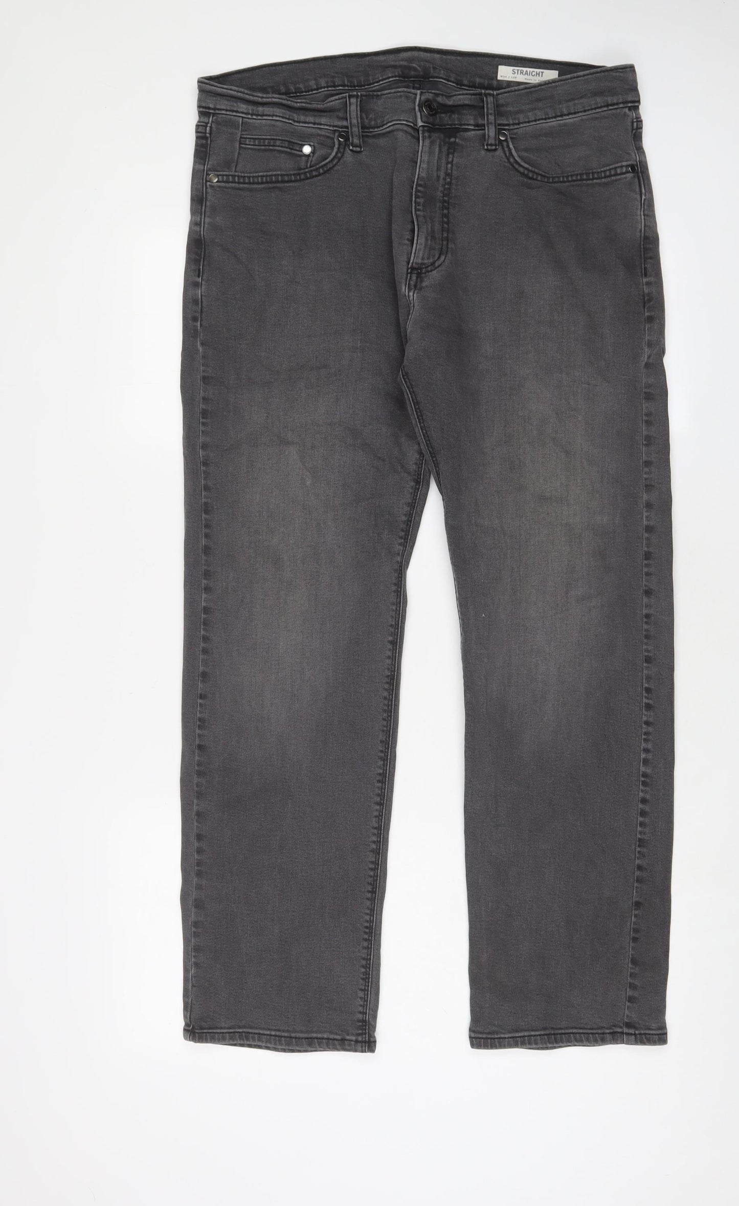 Marks and Spencer Mens Grey Cotton Straight Jeans Size 34 in L29 in Regular Zip - Short Leg