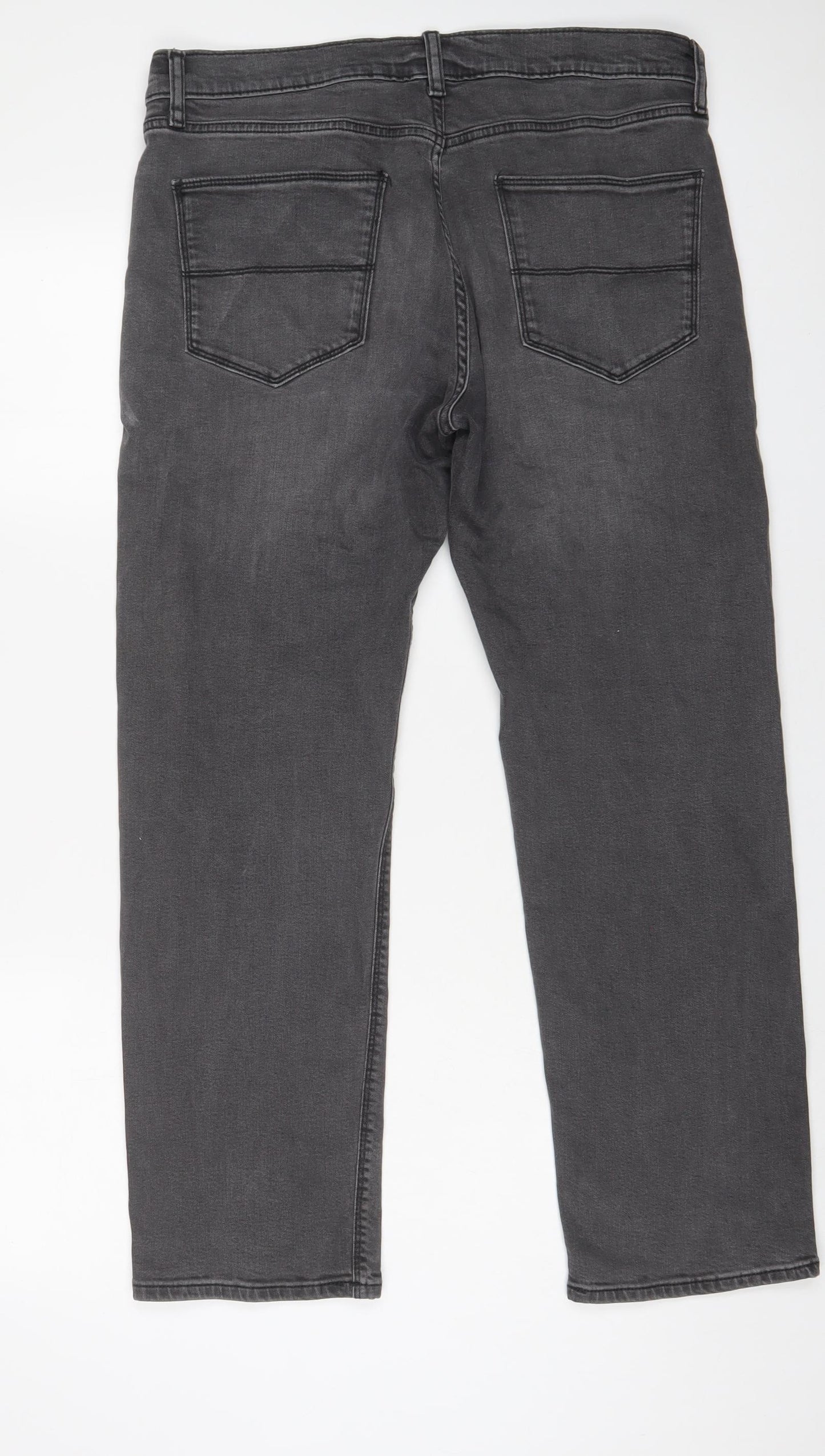 Marks and Spencer Mens Grey Cotton Straight Jeans Size 34 in L29 in Regular Zip - Short Leg