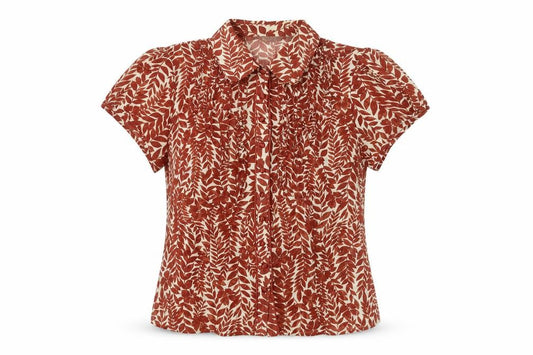 Front view of Mia Moda women’s brown geometric polyester basic blouse, size UK 14, collared
