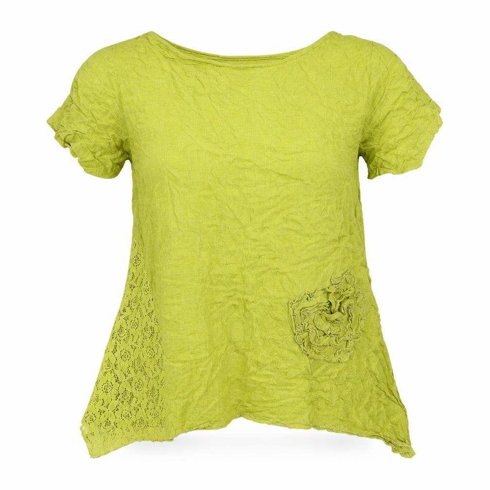 Front view of Klass women’s yellow linen basic blouse, size UK 10, round neck - flower lace detail