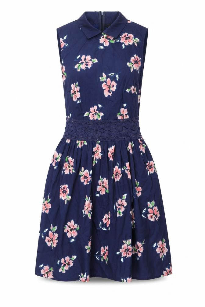 Front view of New Look women’s blue floral polyester a-line, size UK 8, collared zip