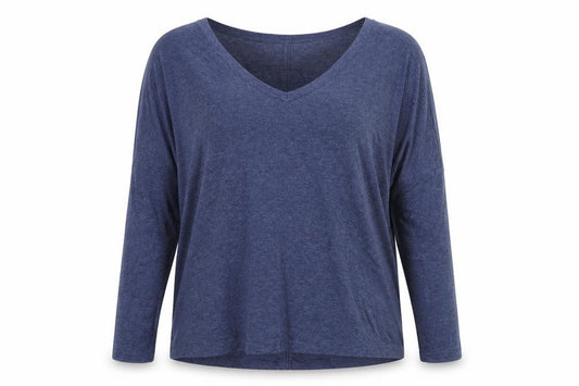 Front view of Next women’s blue viscose basic blouse, size UK 12, v-neck