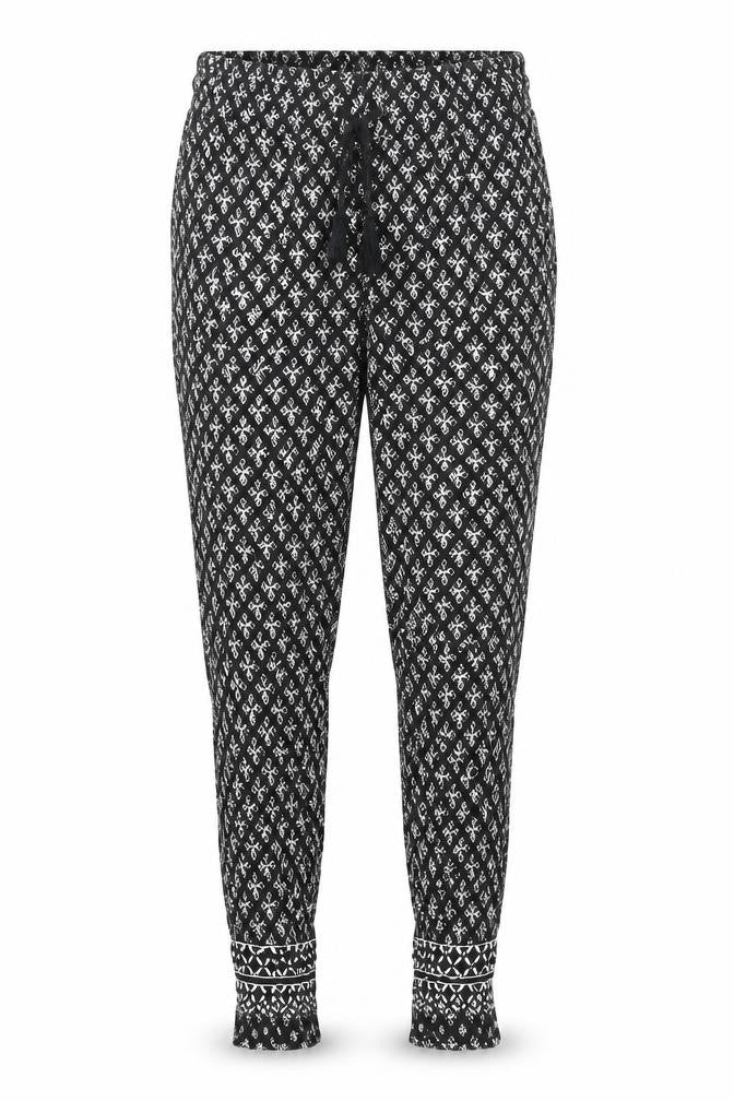 Front view of New Look women’s black geometric viscose harem trousers, size UK 6, 26-inch leg regular drawstring