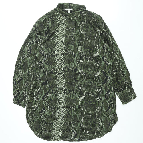 H&M Womens Green Animal Print Polyester Shirt Dress Size 16 Collared Button - Snakeskin Print