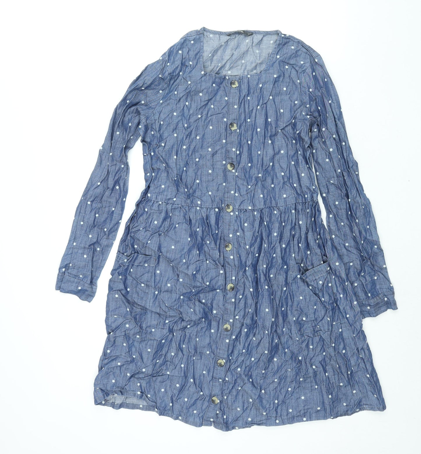 George Girls Blue Polka Dot Cotton Shift Size 13-14 Years Square Neck Button