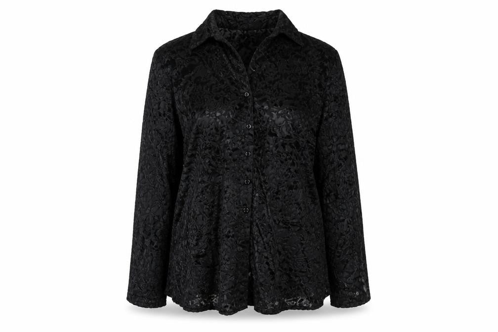 Front view of Sara Neal women’s black geometric polyester basic button-up, size UK 18, collared