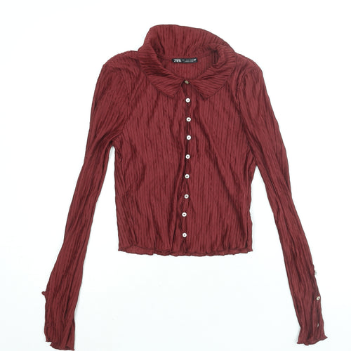 Zara Womens Red Polyester Basic Button-Up Size S Collared