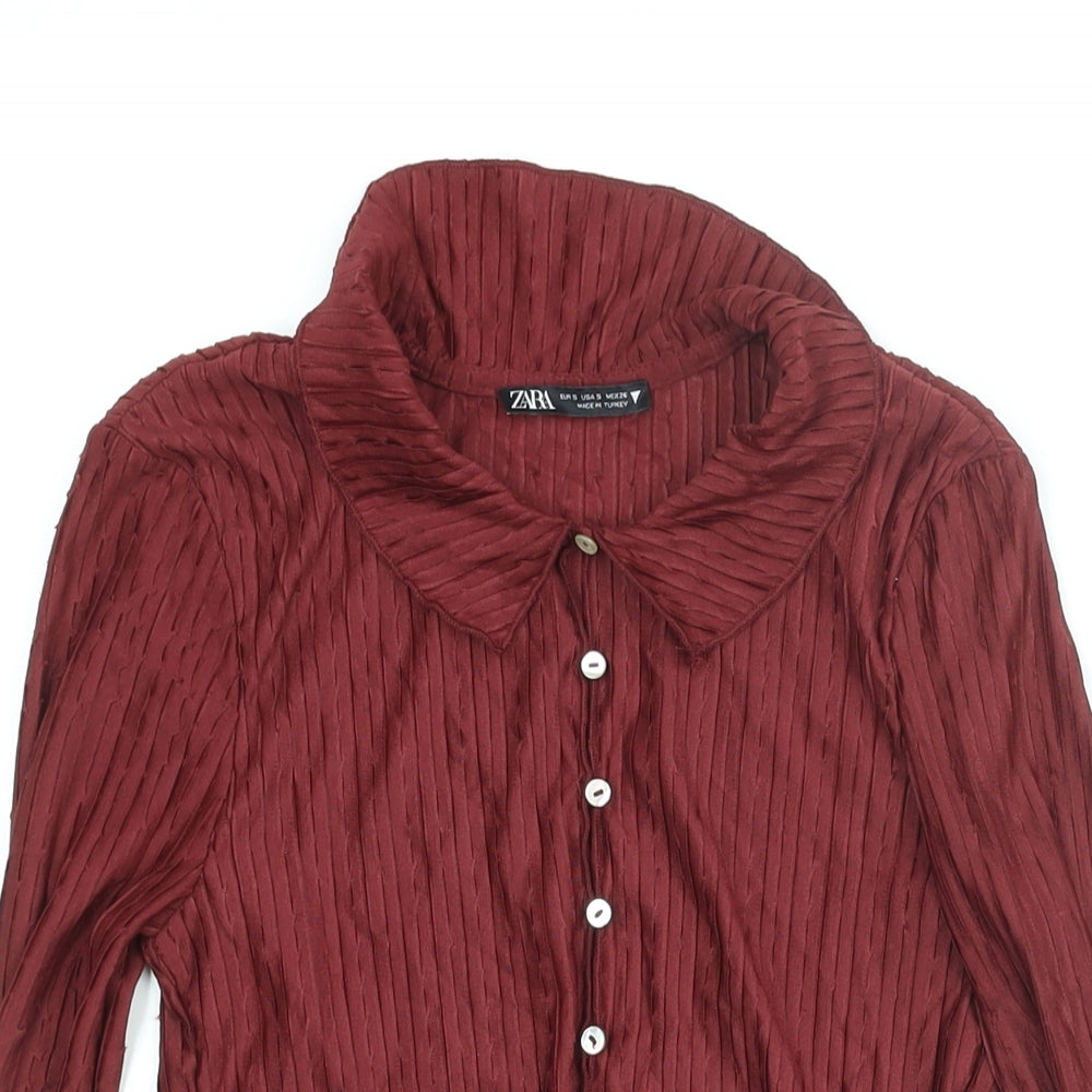 Zara Womens Red Polyester Basic Button-Up Size S Collared