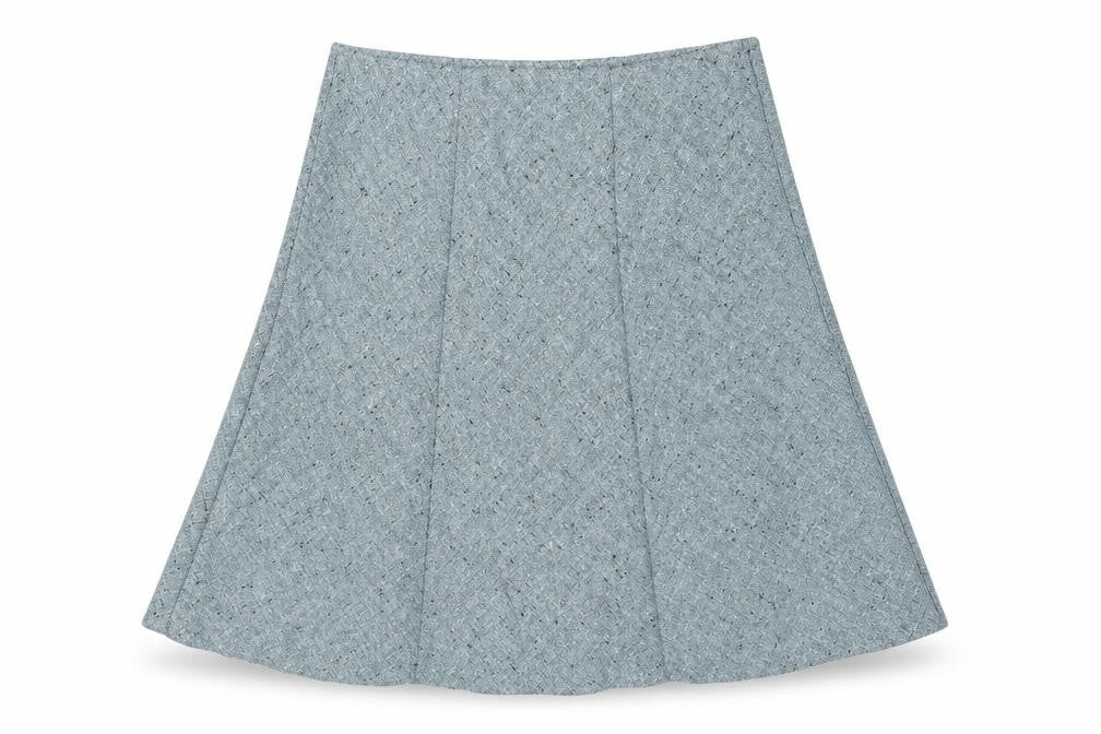 Front view of EWM women’s blue polyester a-line skirt, size UK 14