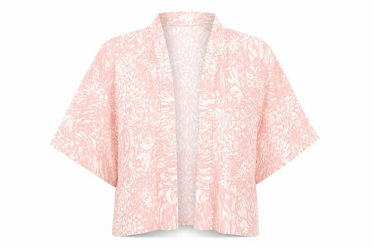 Front view of Boohoo women’s pink geometric polyester kimono blouse, size UK 10, v-neck -, size UK 10-12