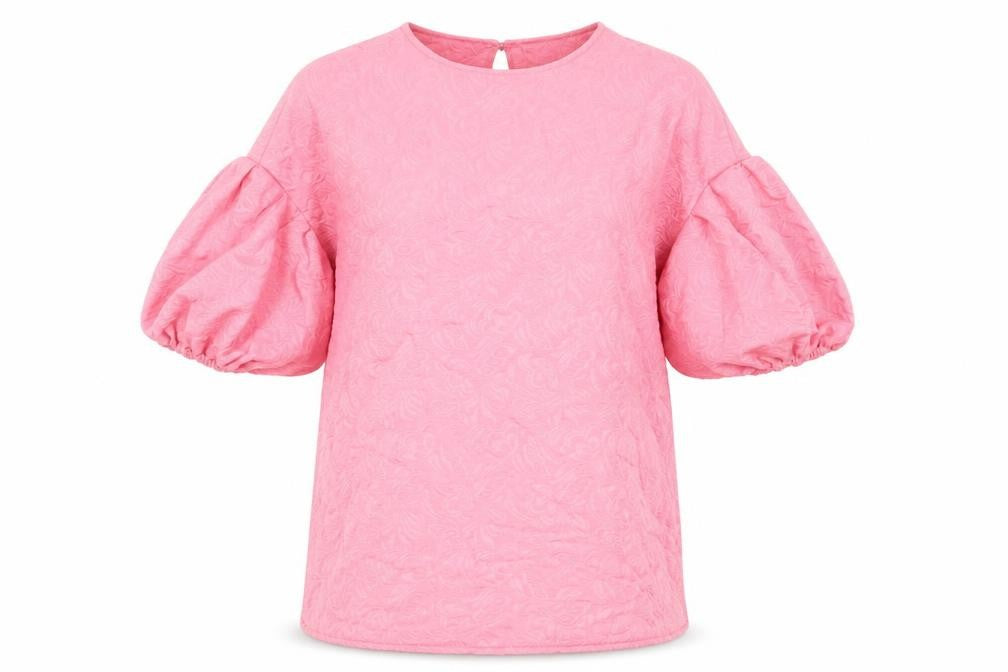 Front view of PRETTYLITTLETHING women’s pink geometric polyester mini, size UK 8, round neck button - puff sleeve