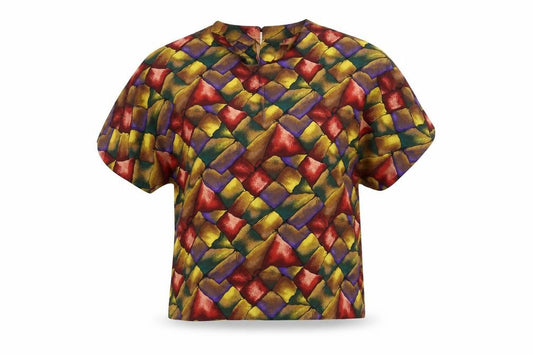 Front view of Che Studio women’s multicoloured geometric polyester basic blouse, size M, round neck