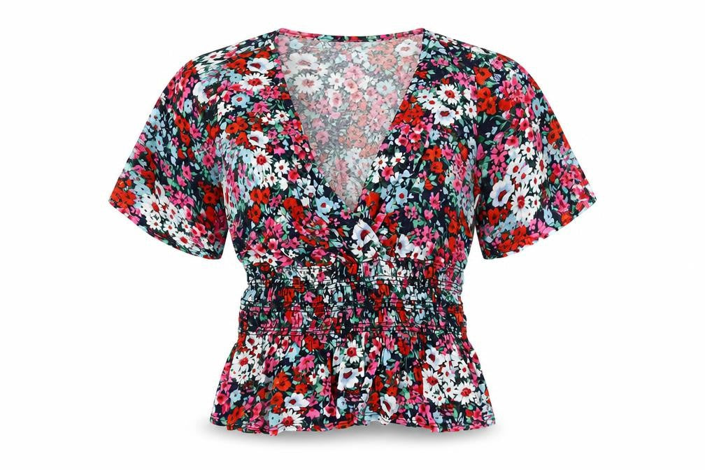 Front view of New Look women’s multicoloured floral viscose basic blouse, size UK 12, v-neck - peplum