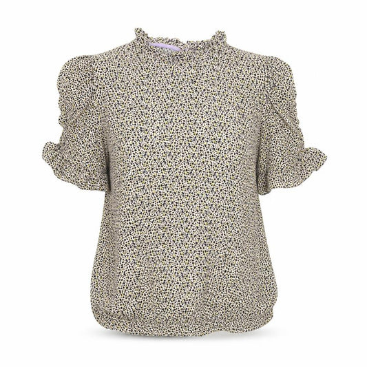 Front view of Numph women’s multicoloured geometric viscose basic blouse, size UK 12, mock neck