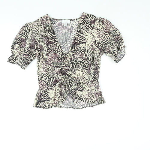Topshop Womens Multicoloured Geometric Polyester Basic Blouse Size 8 V-Neck - Drawstring Detail