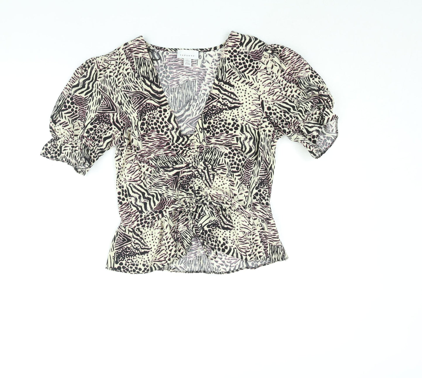 Topshop Womens Multicoloured Geometric Polyester Basic Blouse Size 8 V-Neck - Drawstring Detail