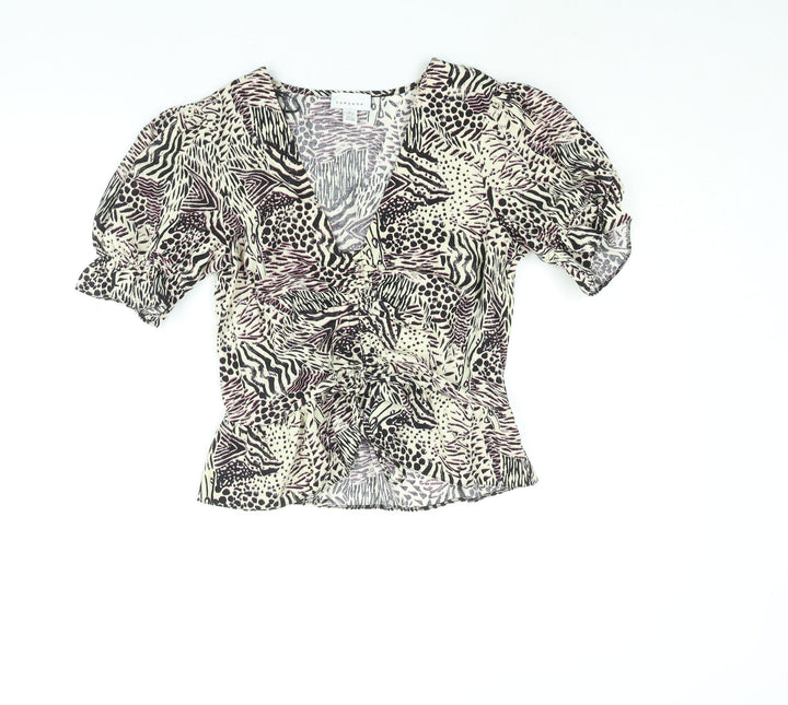 Topshop Womens Multicoloured Geometric Polyester Basic Blouse Size 8 V-Neck - Drawstring Detail