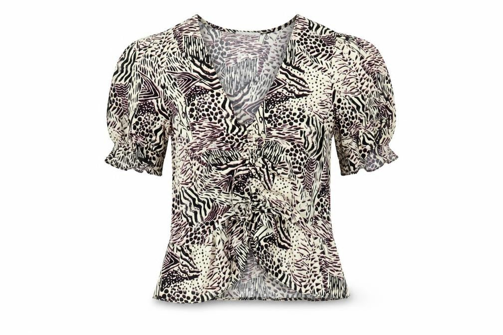 Front view of Topshop women’s multicoloured geometric polyester basic blouse, size UK 8, v-neck - drawstring detail
