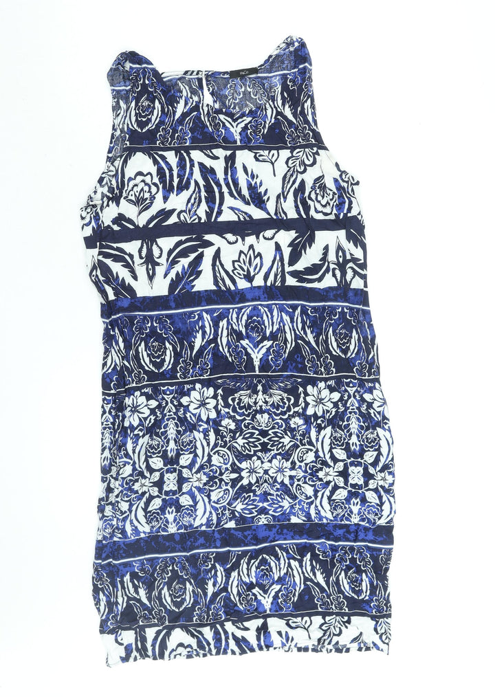 M&Co Womens Blue Geometric Viscose Sheath Size 12 Round Neck Button