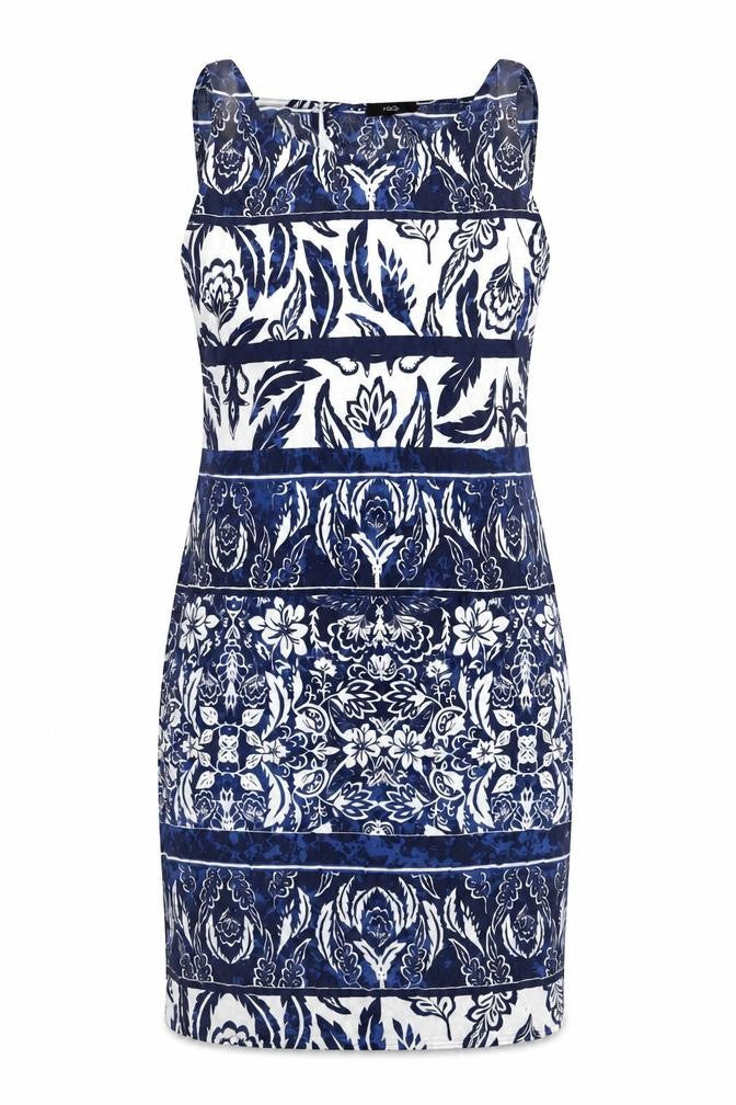 Front view of M&Co women’s blue geometric viscose sheath, size UK 12, round neck button