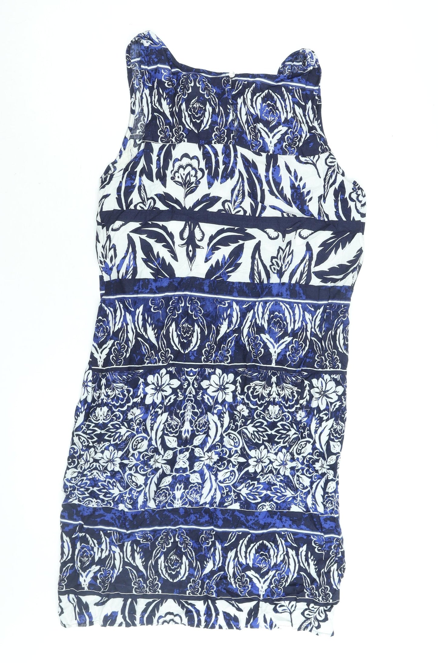 M&Co Womens Blue Geometric Viscose Sheath Size 12 Round Neck Button