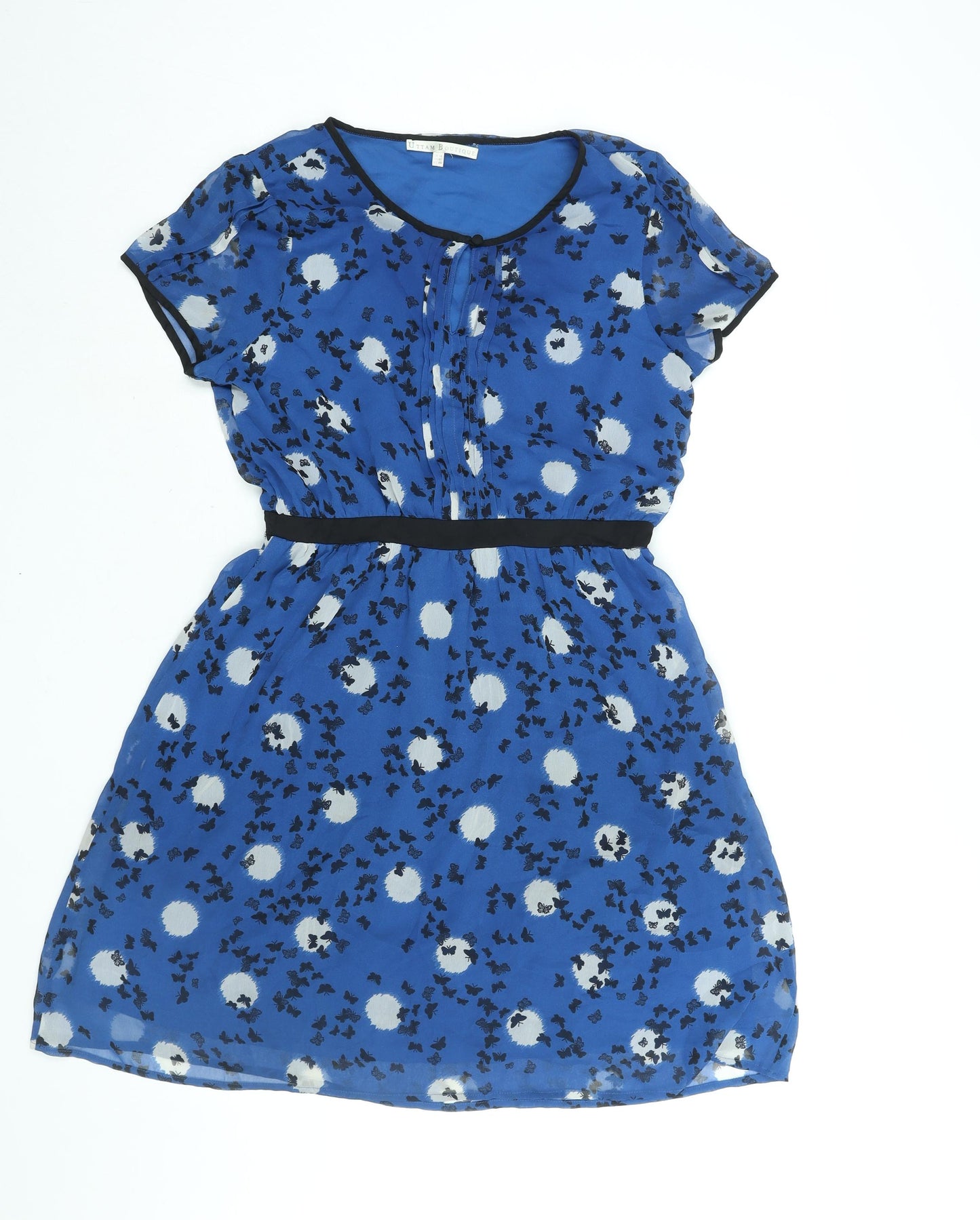 Uttam Boutique Womens Blue Geometric Polyester A-Line Size 14 Round Neck Button - Keyhole Neck