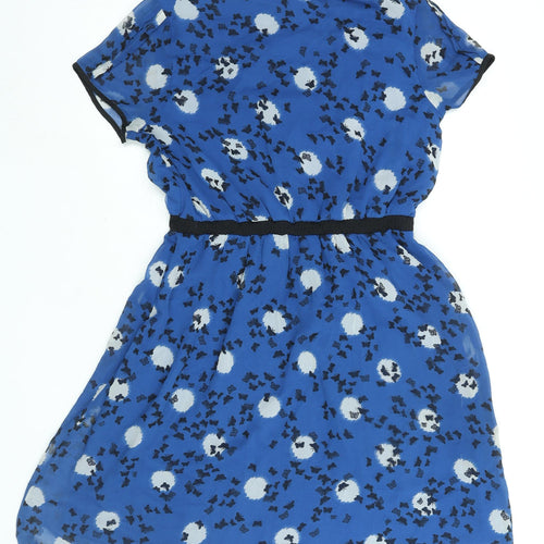Uttam Boutique Womens Blue Geometric Polyester A-Line Size 14 Round Neck Button - Keyhole Neck