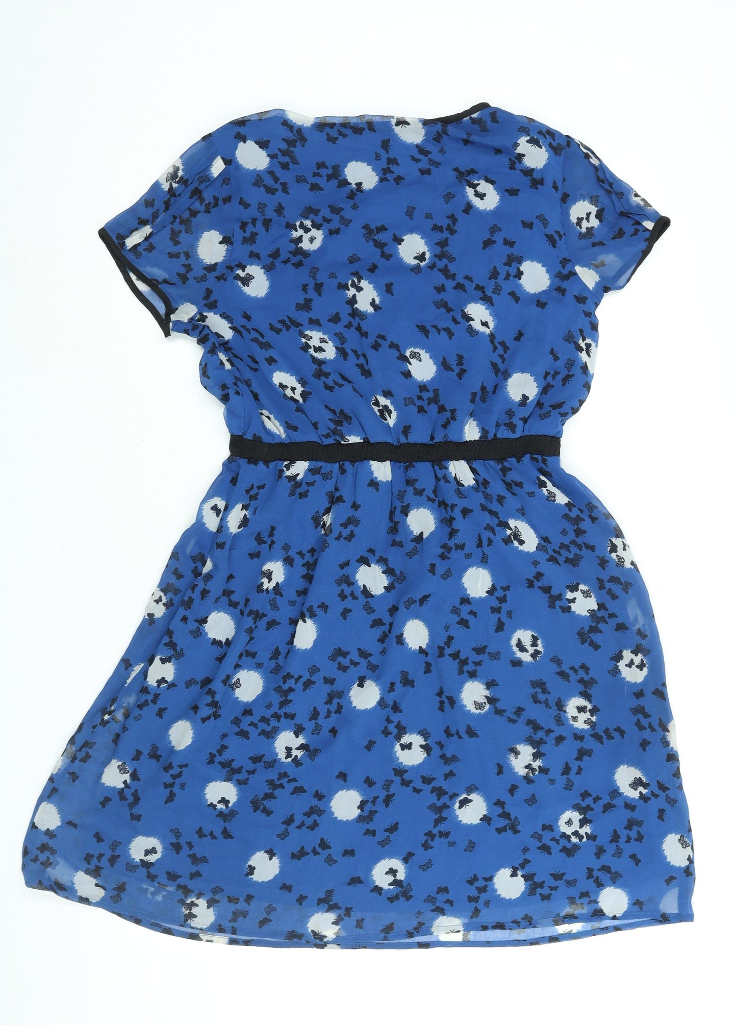 Uttam Boutique Womens Blue Geometric Polyester A-Line Size 14 Round Neck Button - Keyhole Neck