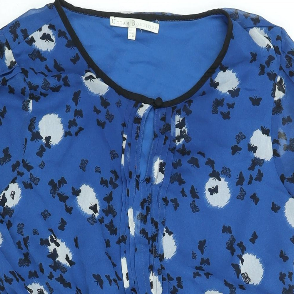 Uttam Boutique Womens Blue Geometric Polyester A-Line Size 14 Round Neck Button - Keyhole Neck
