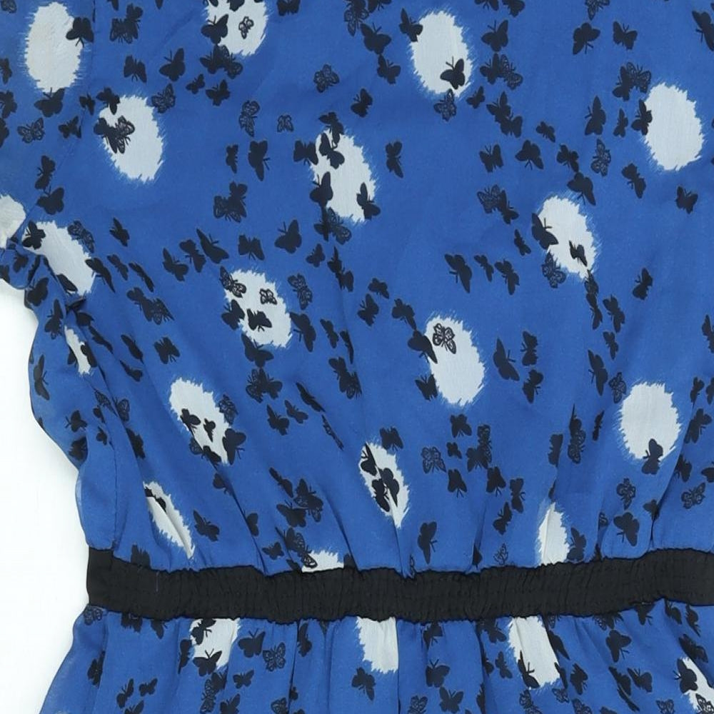 Uttam Boutique Womens Blue Geometric Polyester A-Line Size 14 Round Neck Button - Keyhole Neck