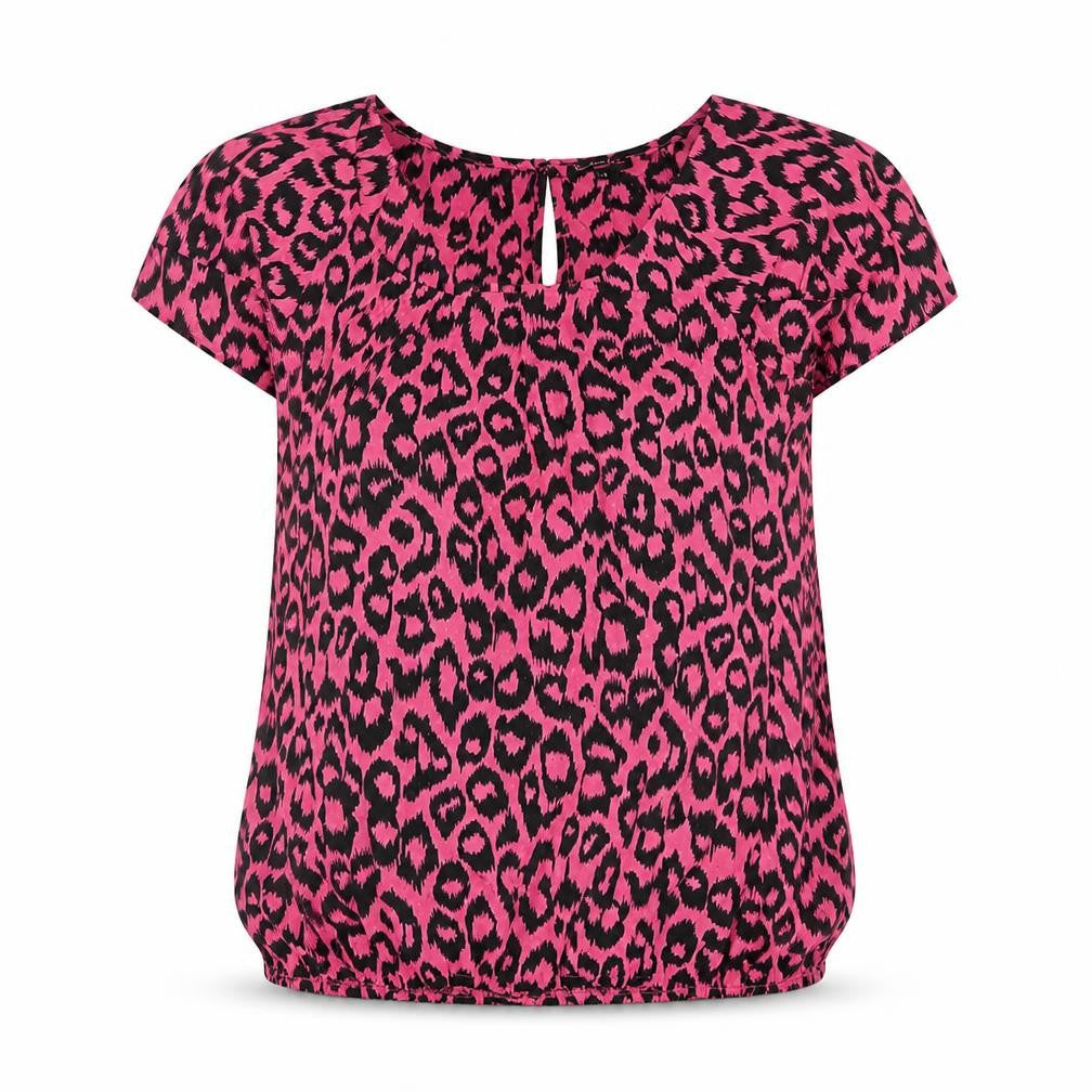 Front view of River Island women’s pink animal print polyester basic blouse, size UK 14, round neck - leopard print