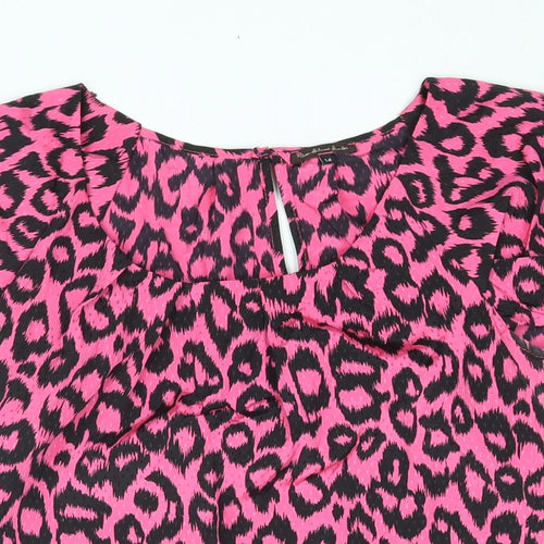 River Island Womens Pink Animal Print Polyester Basic Blouse Size 14 Round Neck - Leopard Print