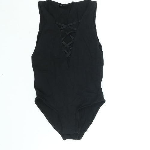 Topshop Womens Black Cotton Bodysuit One-Piece Size 6 Snap - Lace Up Detail