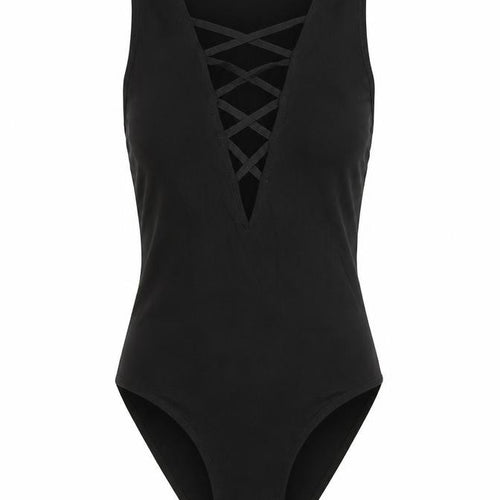 Topshop Womens Black Cotton Bodysuit One-Piece Size 6 Snap - Lace Up Detail