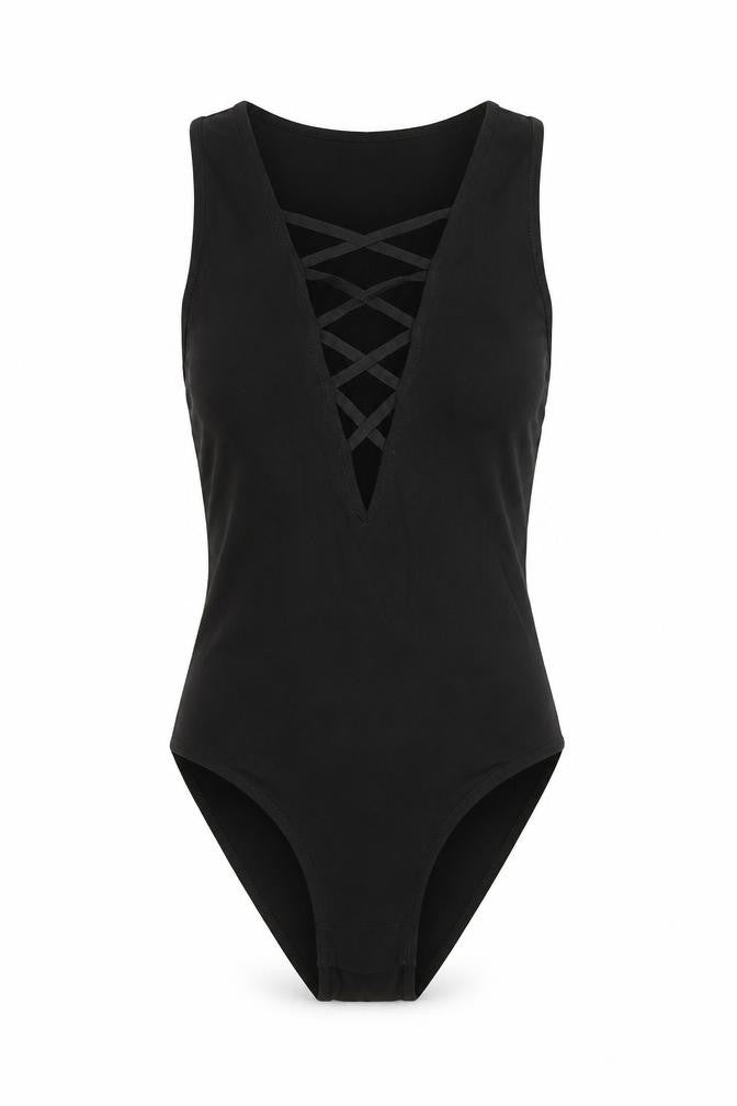 Topshop Womens Black Cotton Bodysuit One-Piece Size 6 Snap - Lace Up Detail