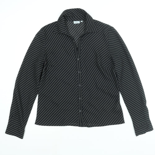 Anne Brooks Womens Black Striped Polyester Basic Button-Up Size 12 Collared