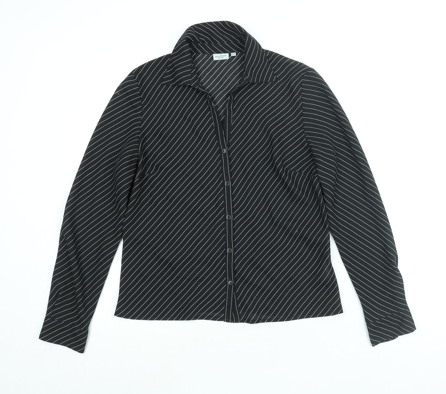 Anne Brooks Womens Black Striped Polyester Basic Button-Up Size 12 Collared