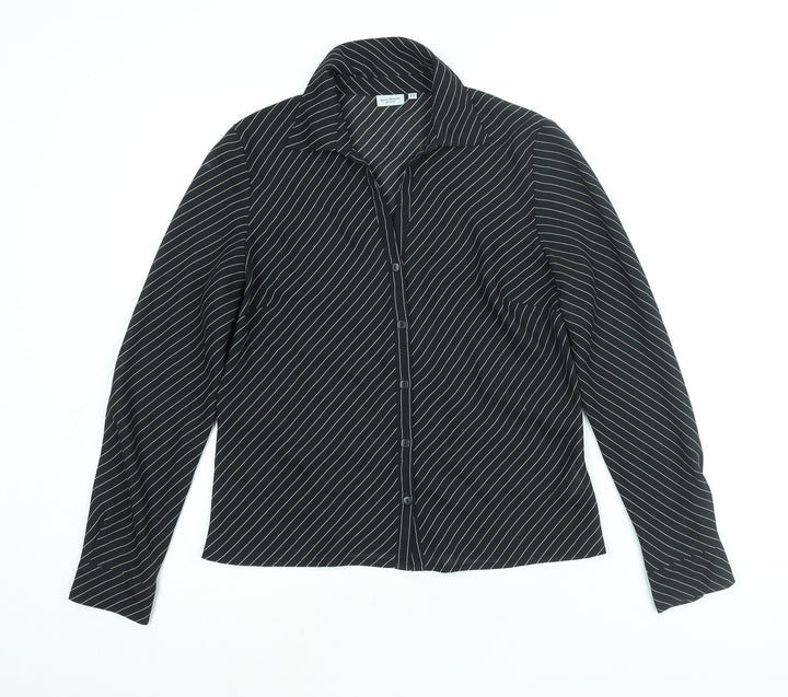 Anne Brooks Womens Black Striped Polyester Basic Button-Up Size 12 Collared