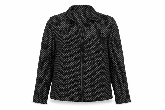 Front view of Anne Brooks women’s black striped polyester basic button-up, size UK 12, collared