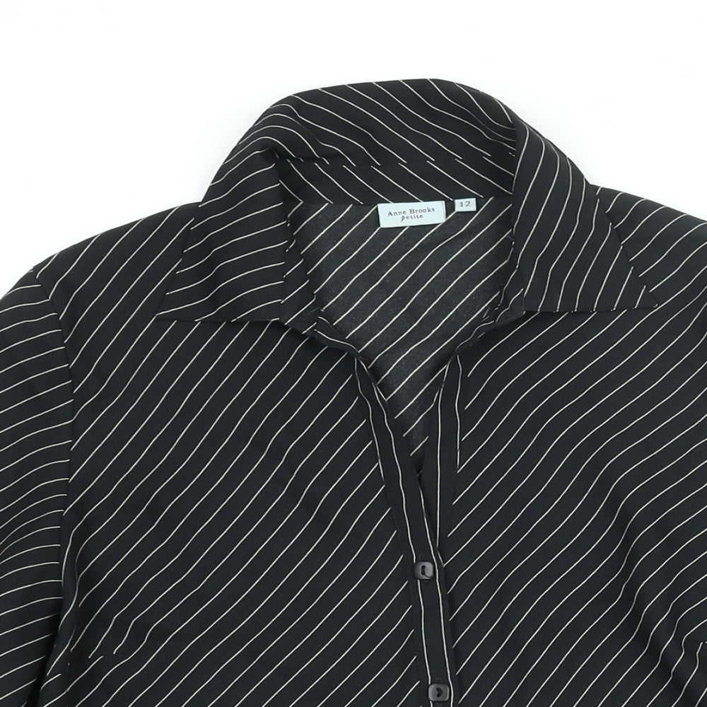 Anne Brooks Womens Black Striped Polyester Basic Button-Up Size 12 Collared
