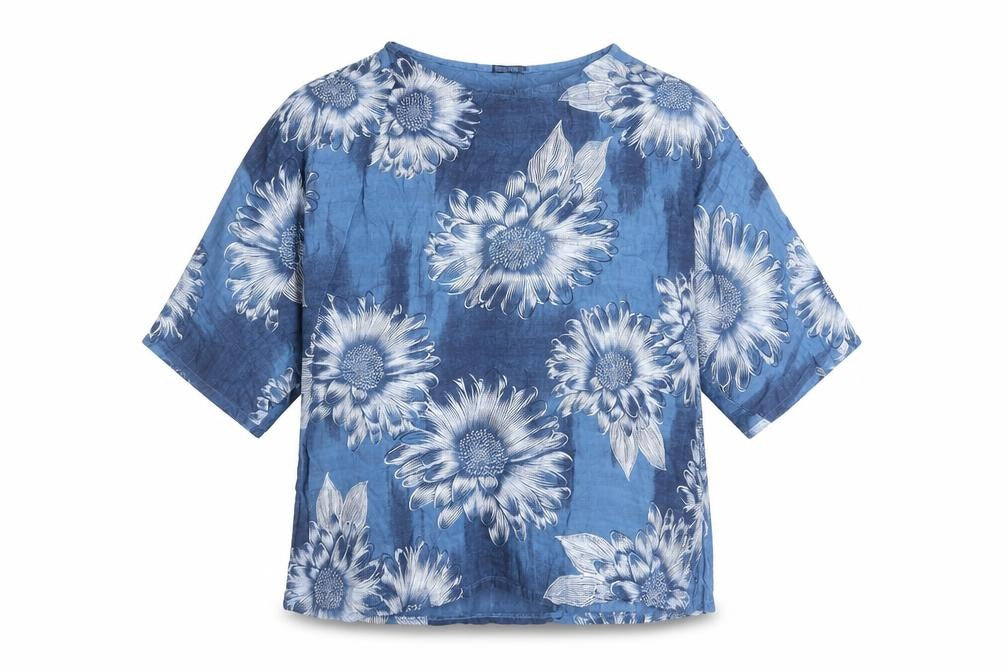 Front view of Luca Vanucci women’s black floral cotton basic blouse, size M, round neck
