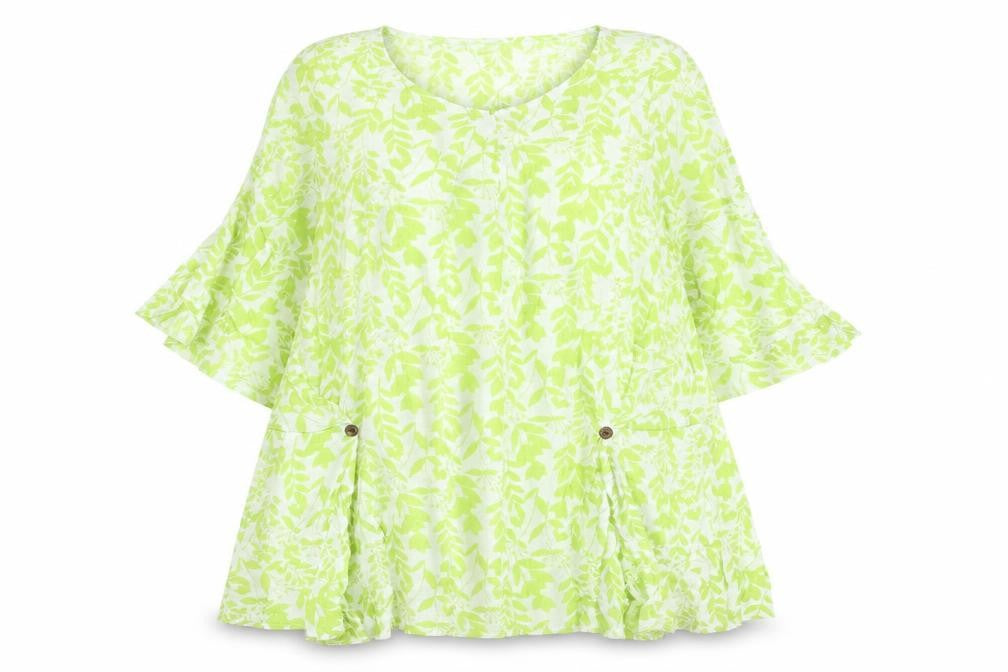 Front view of Klass women’s green floral viscose a-line, size XL, round neck pullover