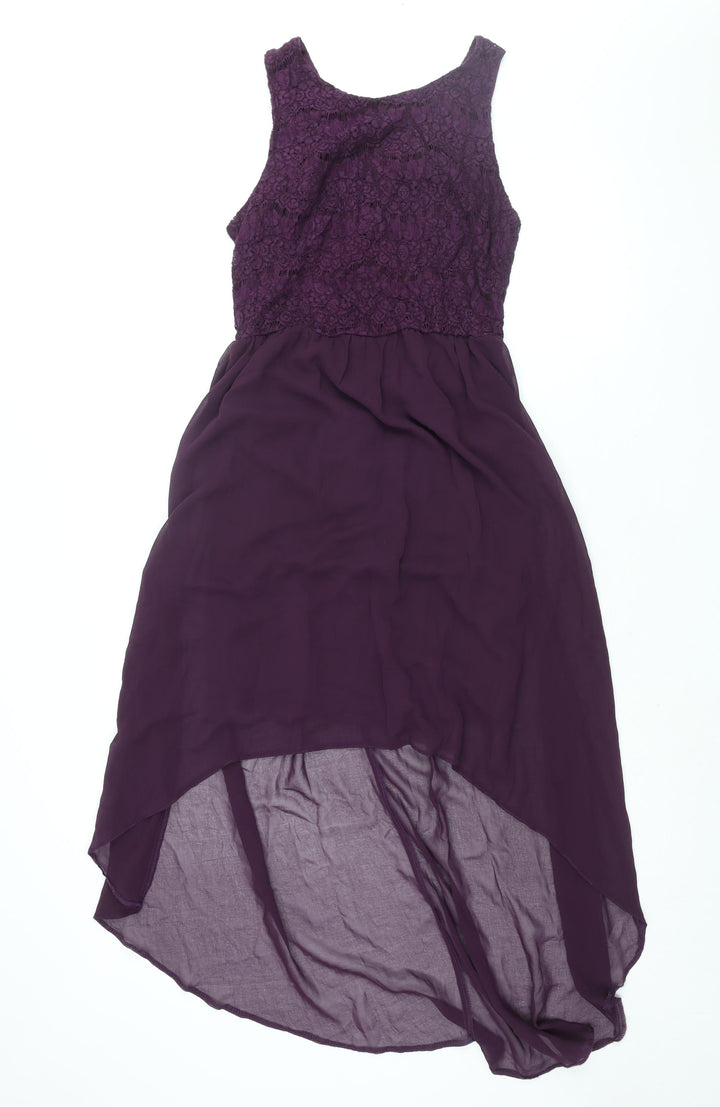 New Look Womens Purple Cotton Shift Size 12 Round Neck Zip - Lace Bodice