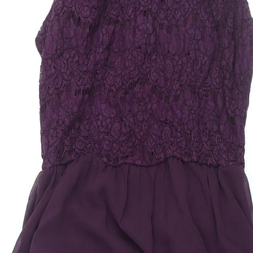 New Look Womens Purple Cotton Shift Size 12 Round Neck Zip - Lace Bodice