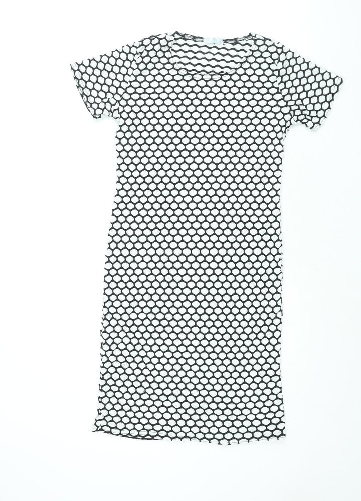 Liquid Womens White Geometric Polyester Bodycon Size XL Round Neck Pullover
