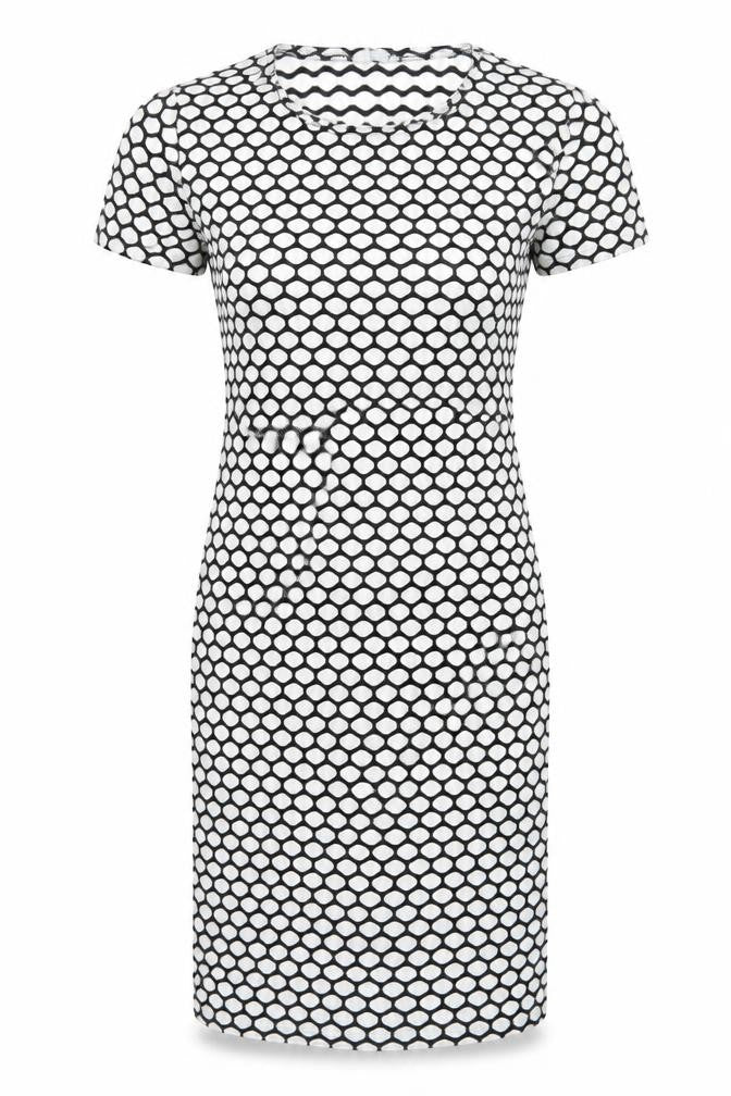 Front view of Liquid women’s white geometric polyester bodycon, size XL, round neck pullover