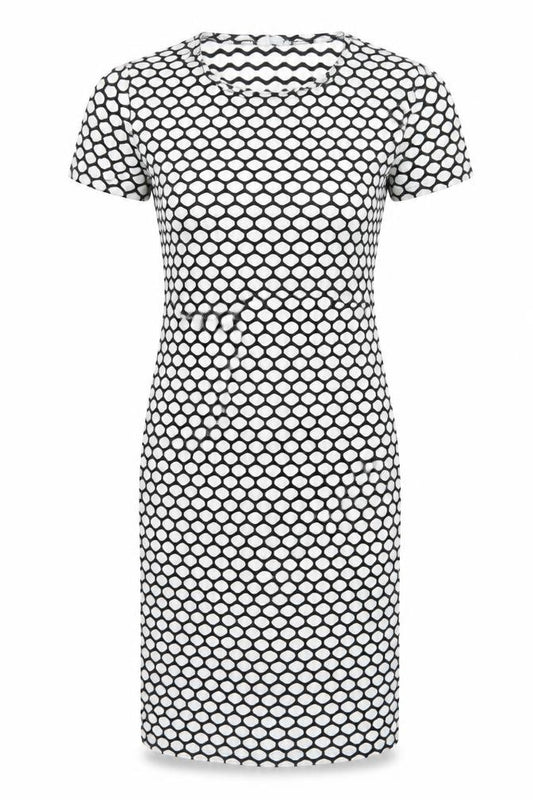 Front view of Liquid women’s white geometric polyester bodycon, size XL, round neck pullover