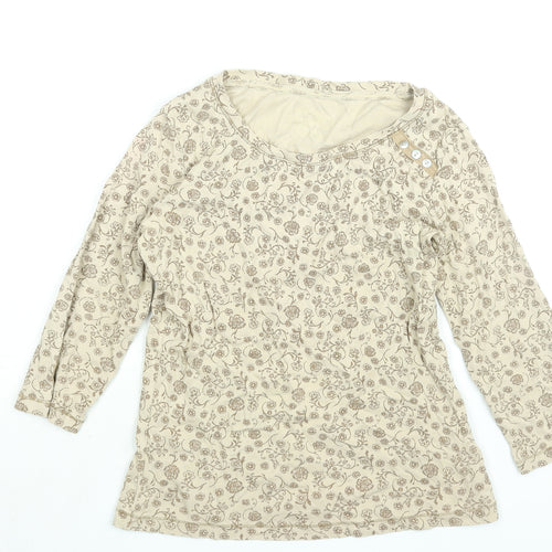 M&Co Womens Beige Floral Cotton Basic T-Shirt Size S Round Neck - Button Detail