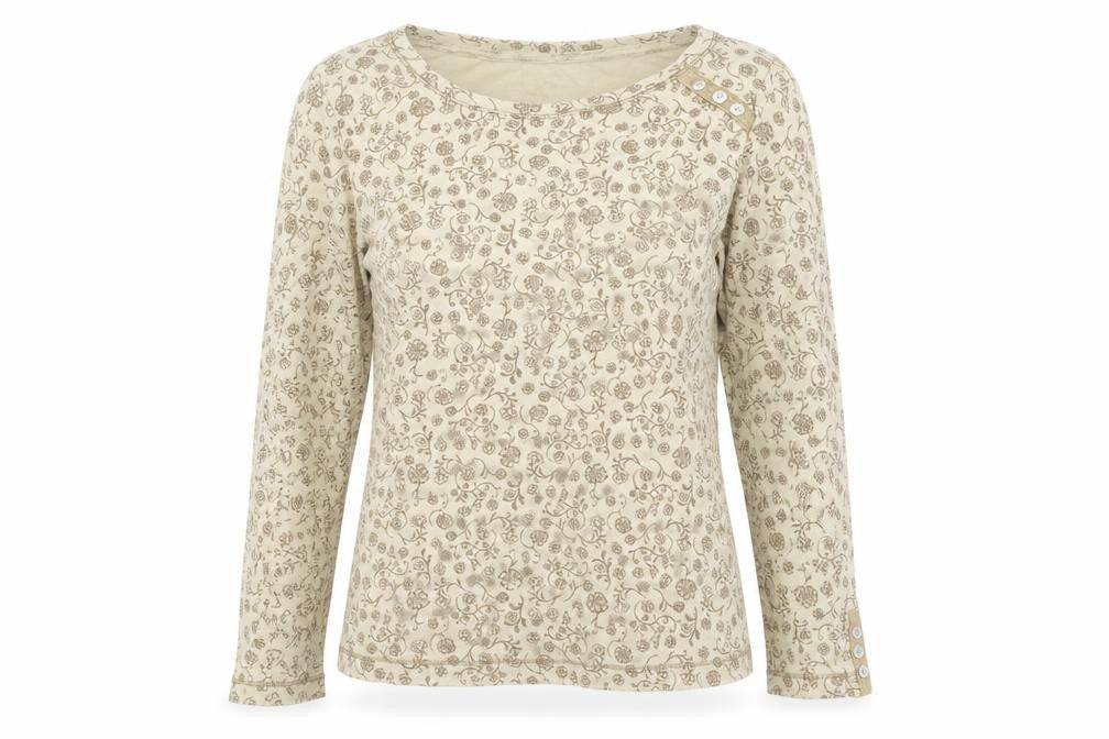 M&Co Womens Beige Floral Cotton Basic T-Shirt Size S Round Neck - Button Detail